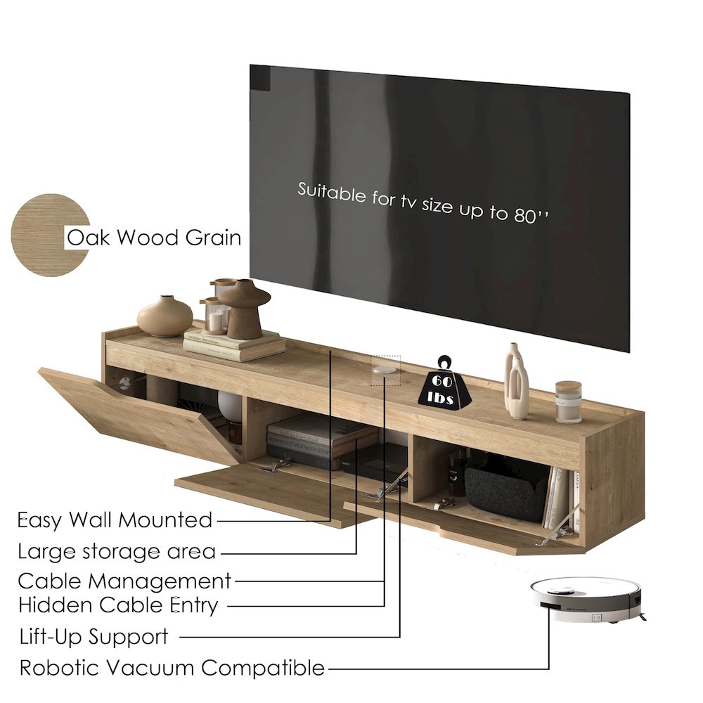 Floating TV Stand for Up to 80 Inch TVs – Wall Mounted Entertainment Center. Picture 7