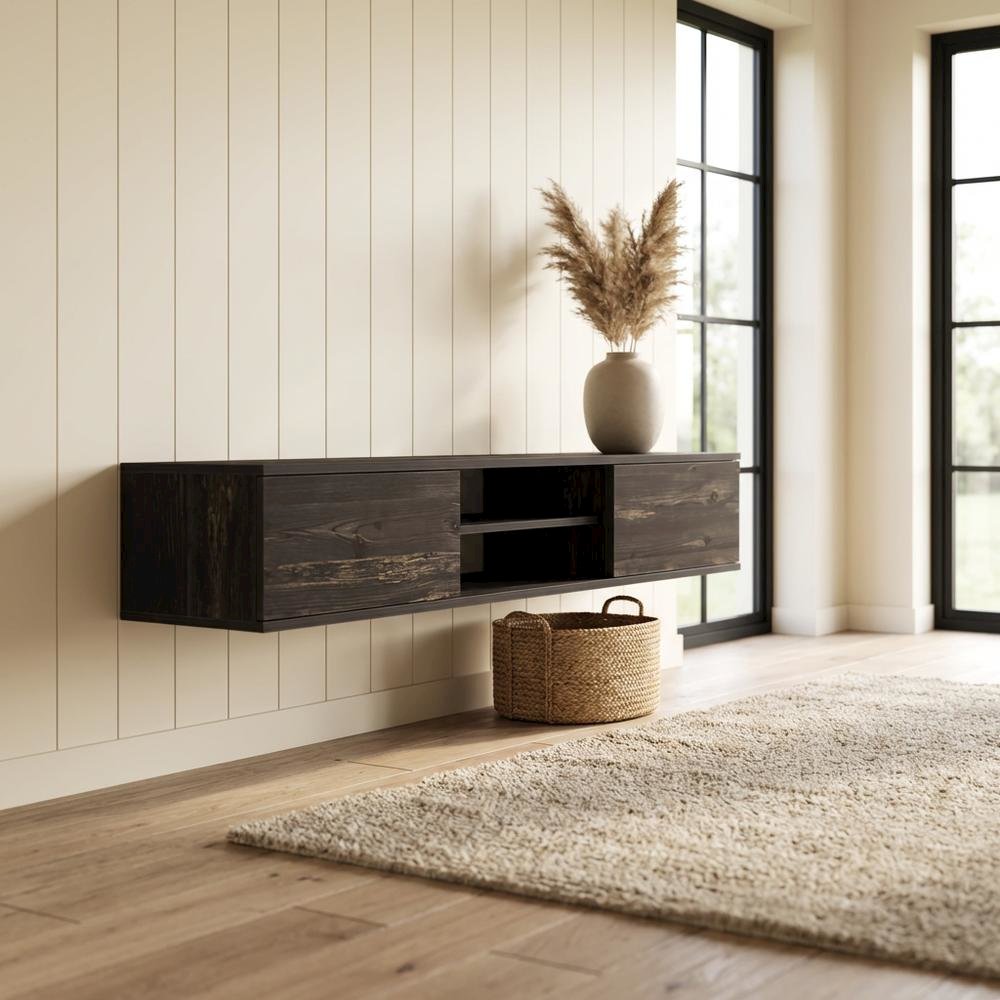Black Oak Wall-Mounted TV Stand with Engineered Wood Finish. Picture 3
