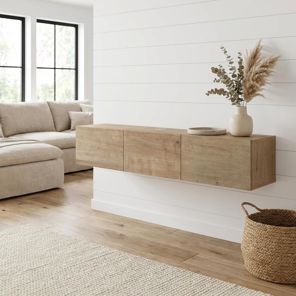 Brown floating TV stand, screens up to 75 inches, sturdy rubberwood. Picture 2