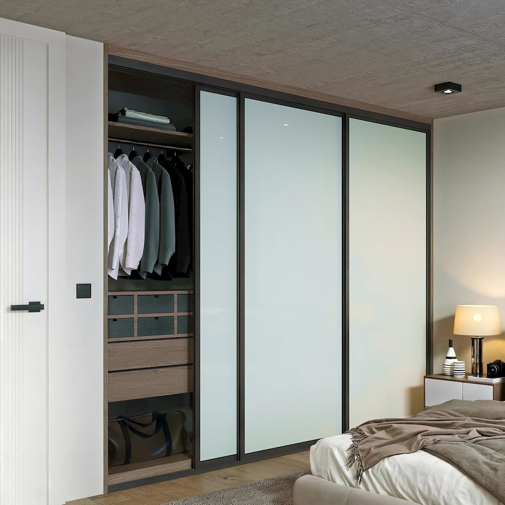 3 Panel Glass Sliding Closet Door, Aluminum Frame. Picture 1