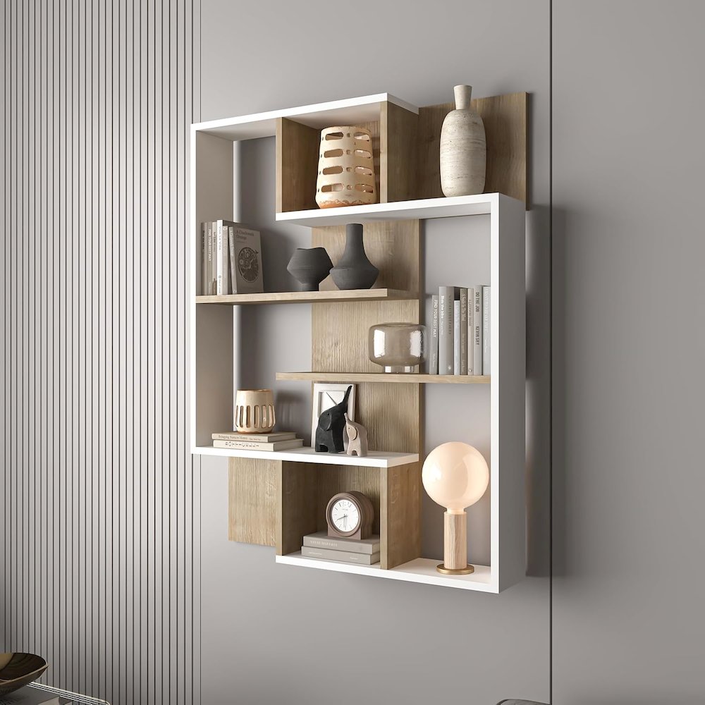 5-Tier Geometric Book Shelf, White and Oak, Kids Bookshelf and Bookcase. Picture 4