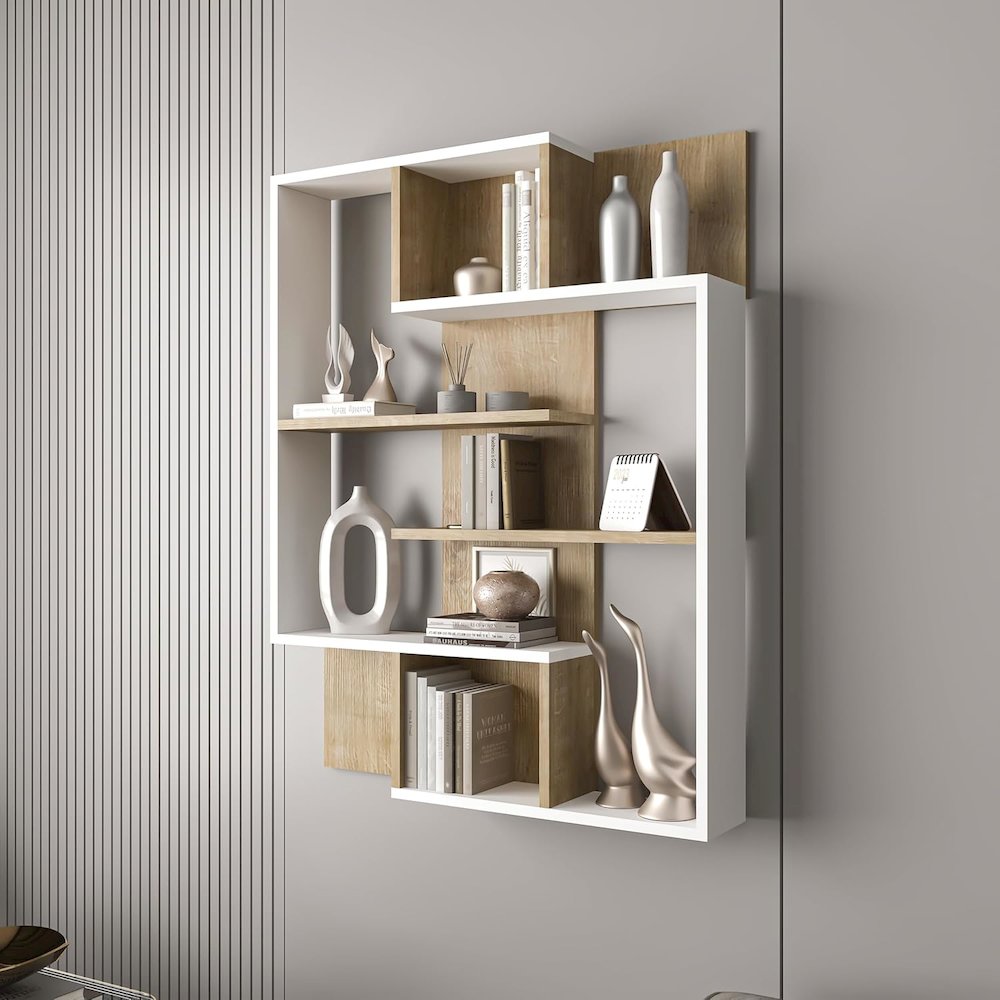 5-Tier Geometric Book Shelf, White and Oak, Kids Bookshelf and Bookcase. Picture 3