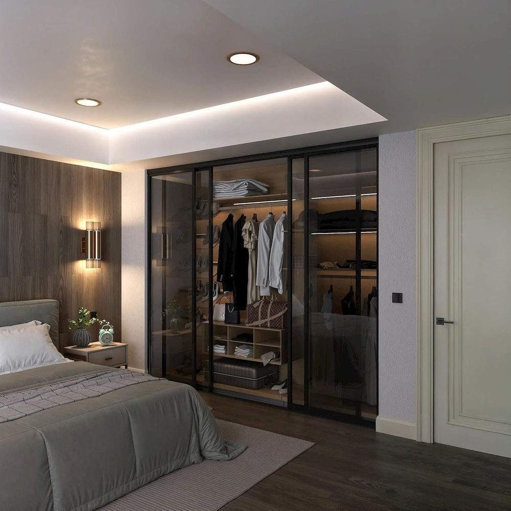 4 Panel Glass Sliding Closet Door with Aluminum Frame. Picture 2