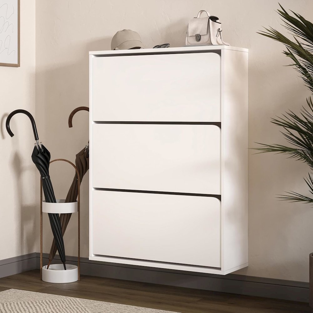 Floating Shoe Cabinet - Space Saver Shoe Rack for Entryway with 3 Flip Drawers. Picture 2