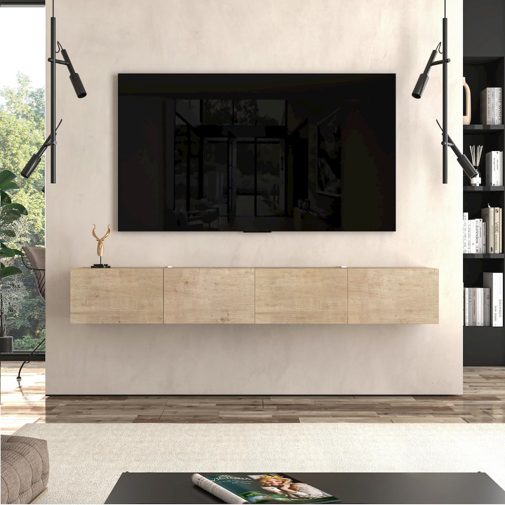 Floating TV Stand Wall Mounted, Natural Oak, Cable Management, 4 Doors. Picture 5