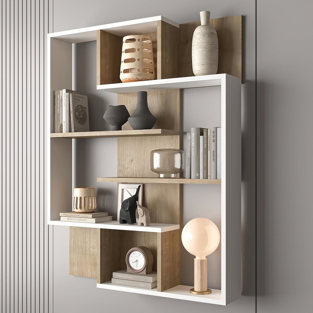 5-Tier Geometric Book Shelf, White and Oak, Kids Bookshelf and Bookcase. Picture 1