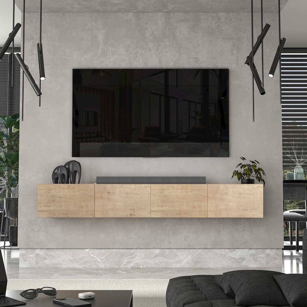 Floating TV Stand Wall Mounted, Natural Oak, Cable Management, 4 Doors. Picture 4