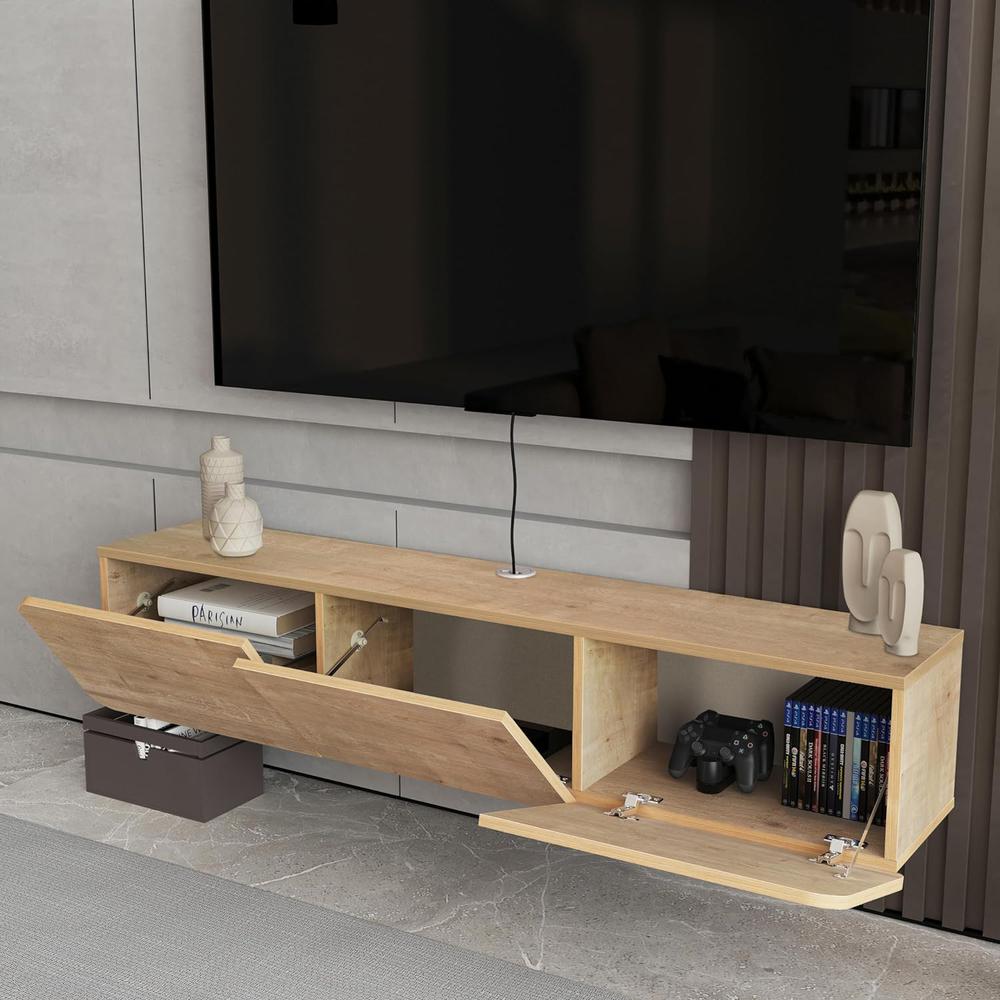 Modern Floating TV Stand Wall Mounted for 80 Inch TV, Oak. Picture 5