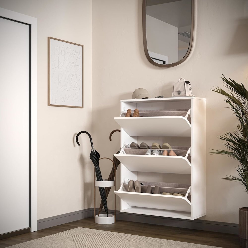 Floating Shoe Cabinet - Space Saver Shoe Rack for Entryway with 3 Flip Drawers. Picture 7