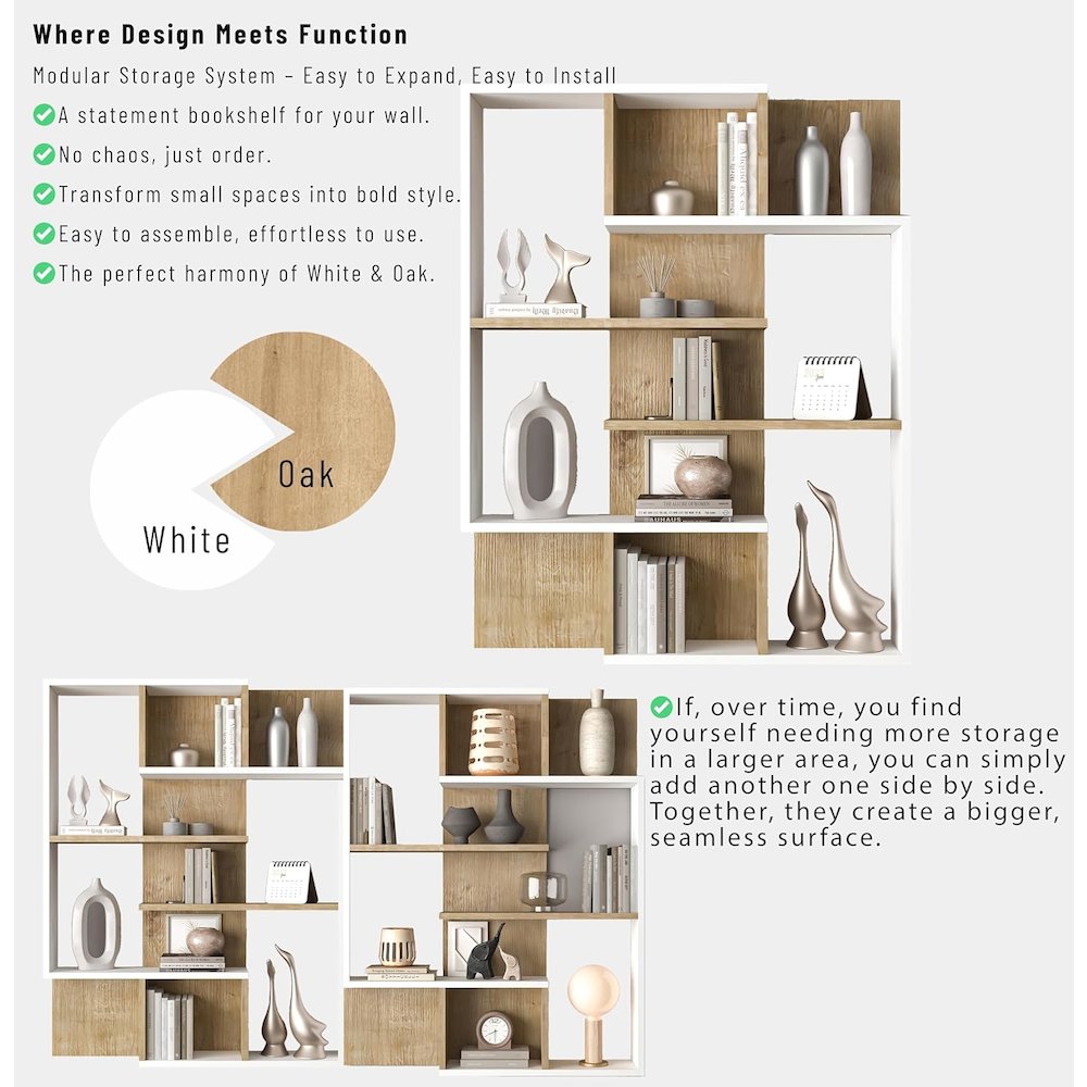 5-Tier Geometric Book Shelf, White and Oak, Kids Bookshelf and Bookcase. Picture 6