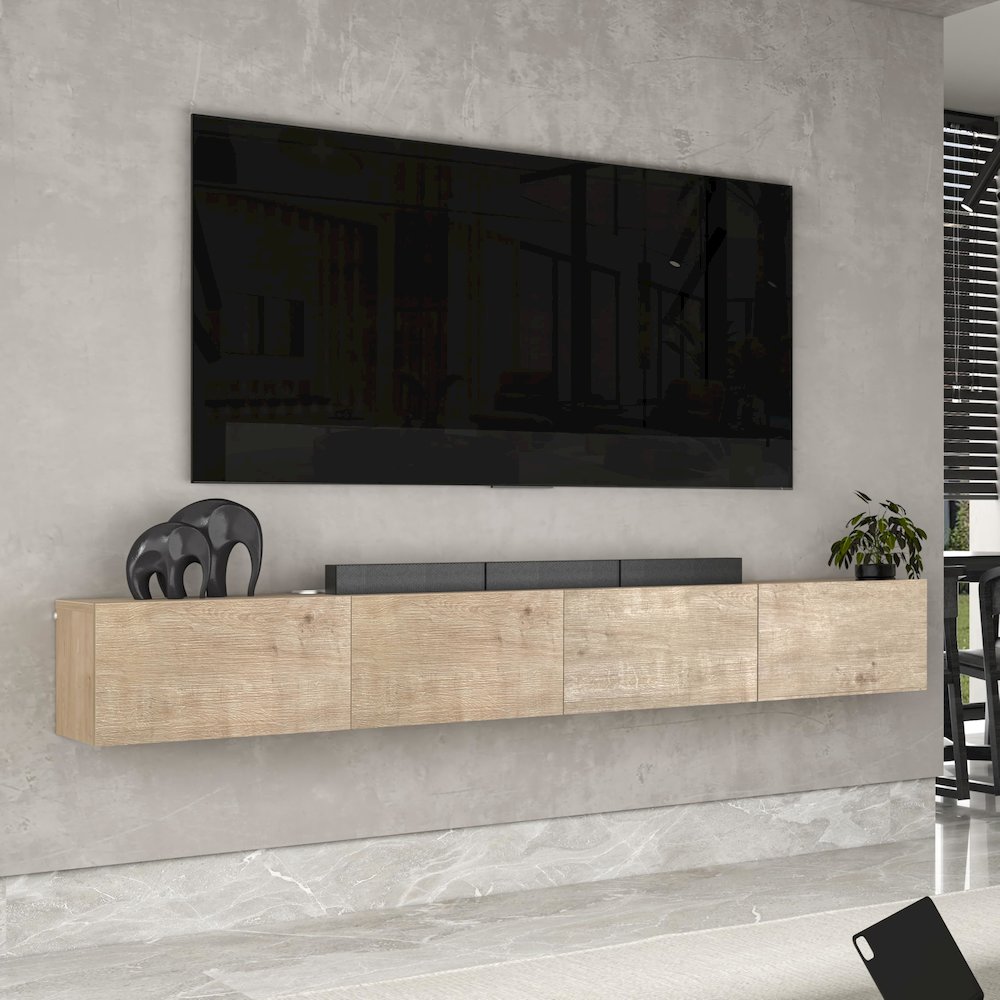 Floating TV Stand Wall Mounted, Natural Oak, Cable Management, 4 Doors. Picture 6
