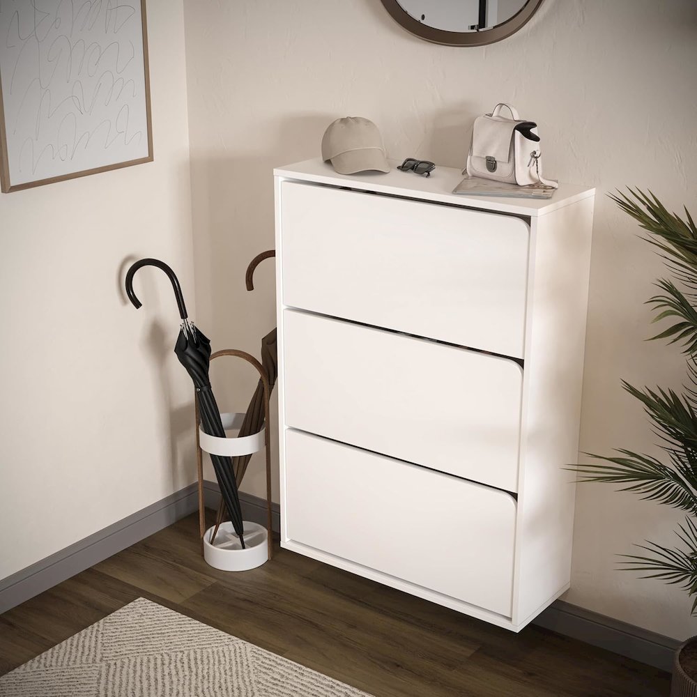 Floating Shoe Cabinet - Space Saver Shoe Rack for Entryway with 3 Flip Drawers. Picture 4
