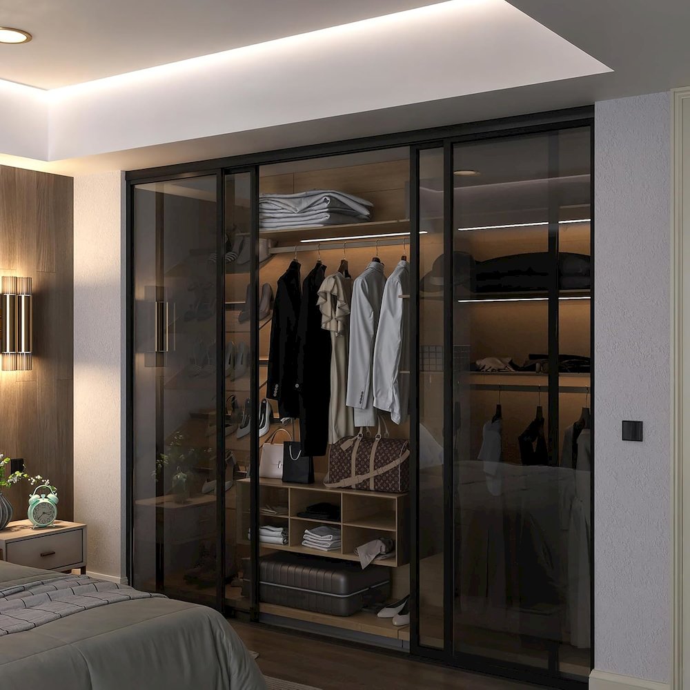 4 Panel Glass Sliding Closet Door with Aluminum Frame. Picture 1