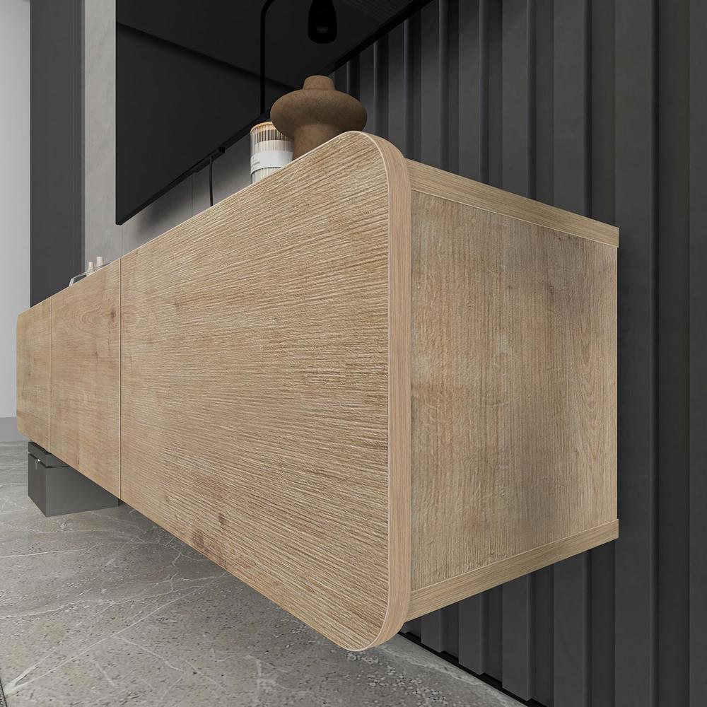 Modern Floating TV Stand Wall Mounted for 80 Inch TV, Oak. Picture 7