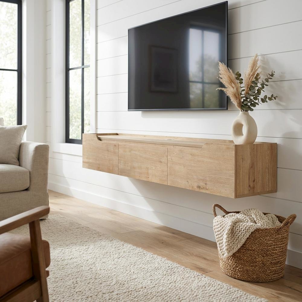 Beige Wall-Mounted TV Stand for Up to 80 Inch Televisions with Engineered Wood. Picture 2