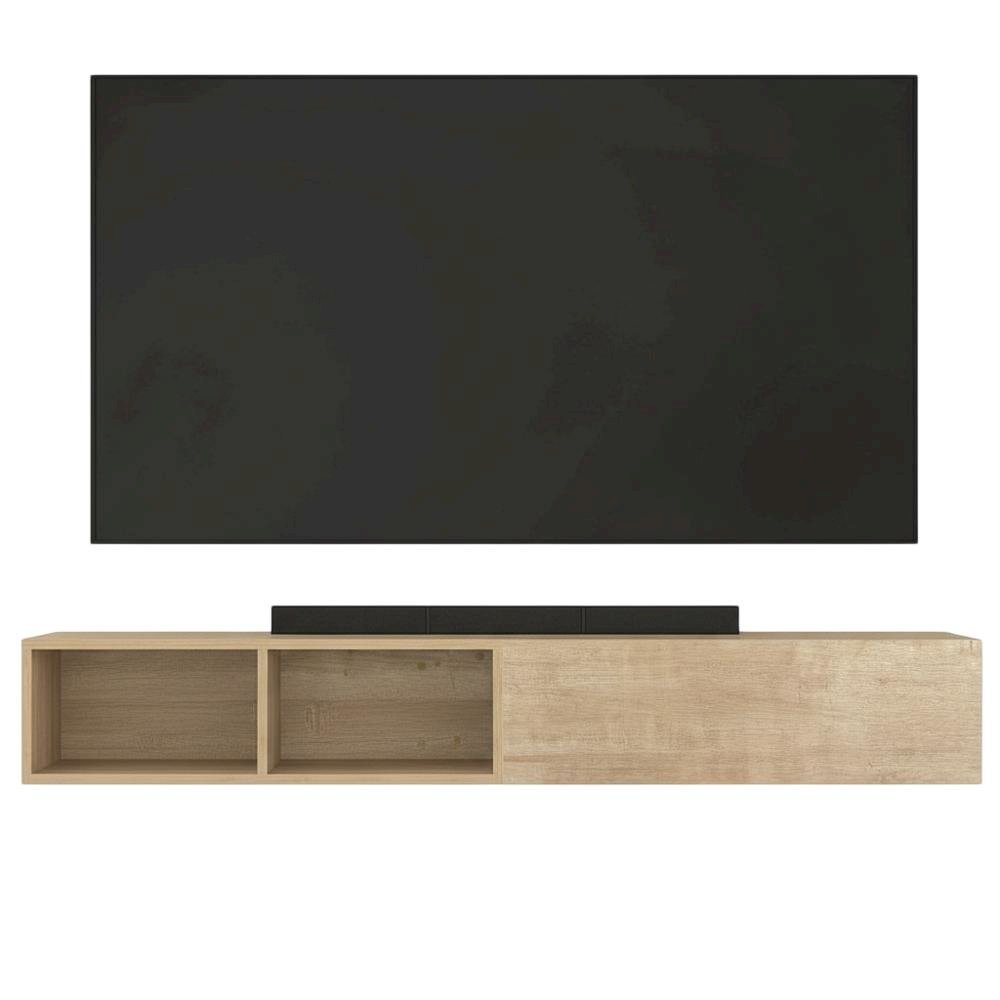 Floating TV Stand with Oak Finish and Open Shelves for Modern Living. Picture 4