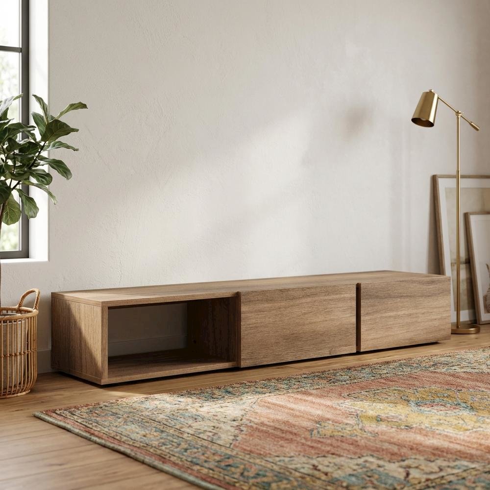 Wall Mounted TV Stand in Black with Modern Floating Shelf Design for 75-Inch TVs. Picture 2