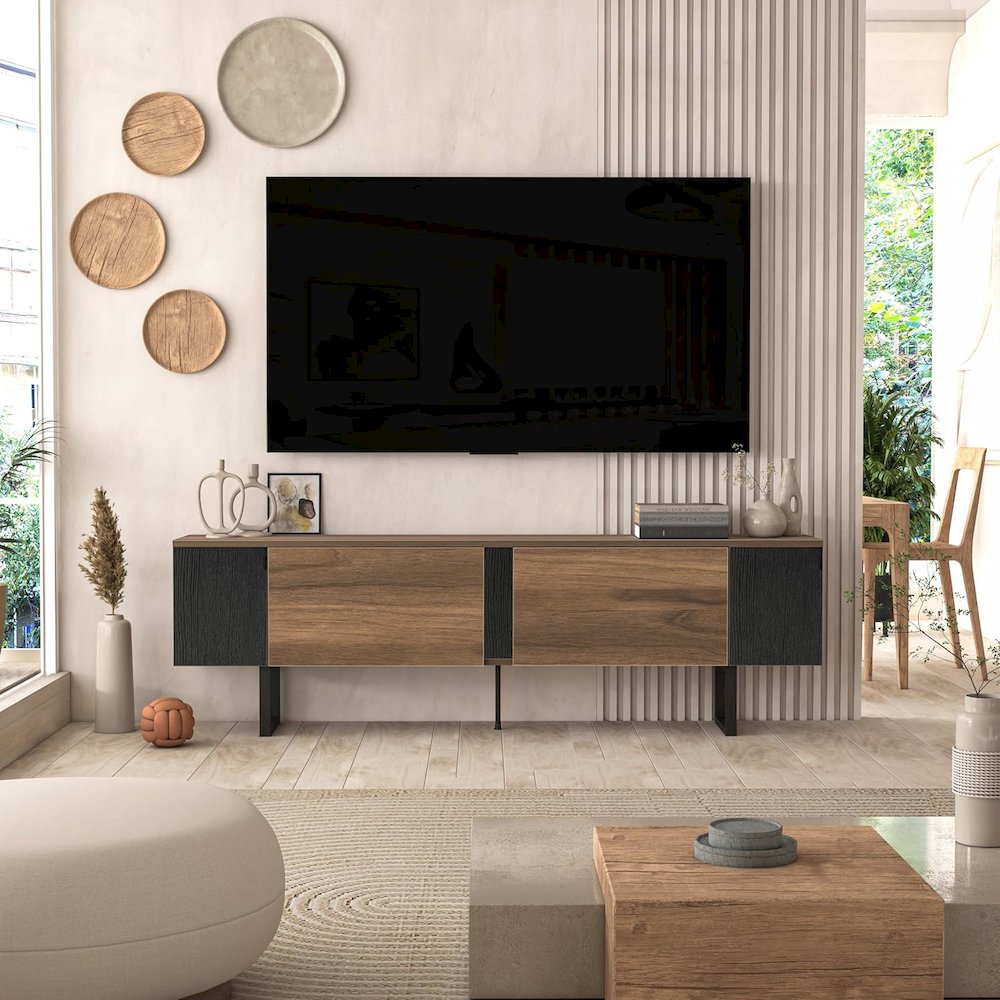 Mid Century Modern TV Stand for 75 Inch TV, Walnut Finish Entertainment Center. Picture 4