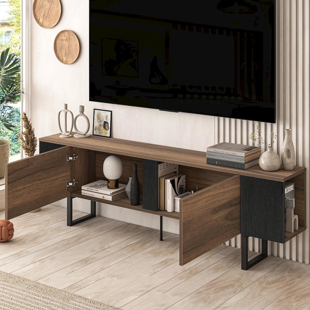 Mid Century Modern TV Stand for 75 Inch TV, Walnut Finish Entertainment Center. Picture 5