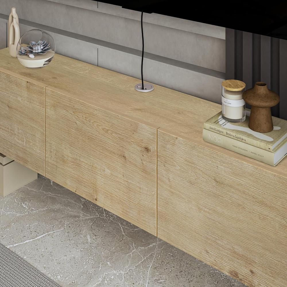 Modern Floating TV Stand Wall Mounted for 80 Inch TV, Oak. Picture 6