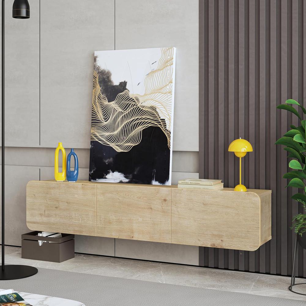 Modern Floating TV Stand Wall Mounted for 80 Inch TV, Oak. Picture 3