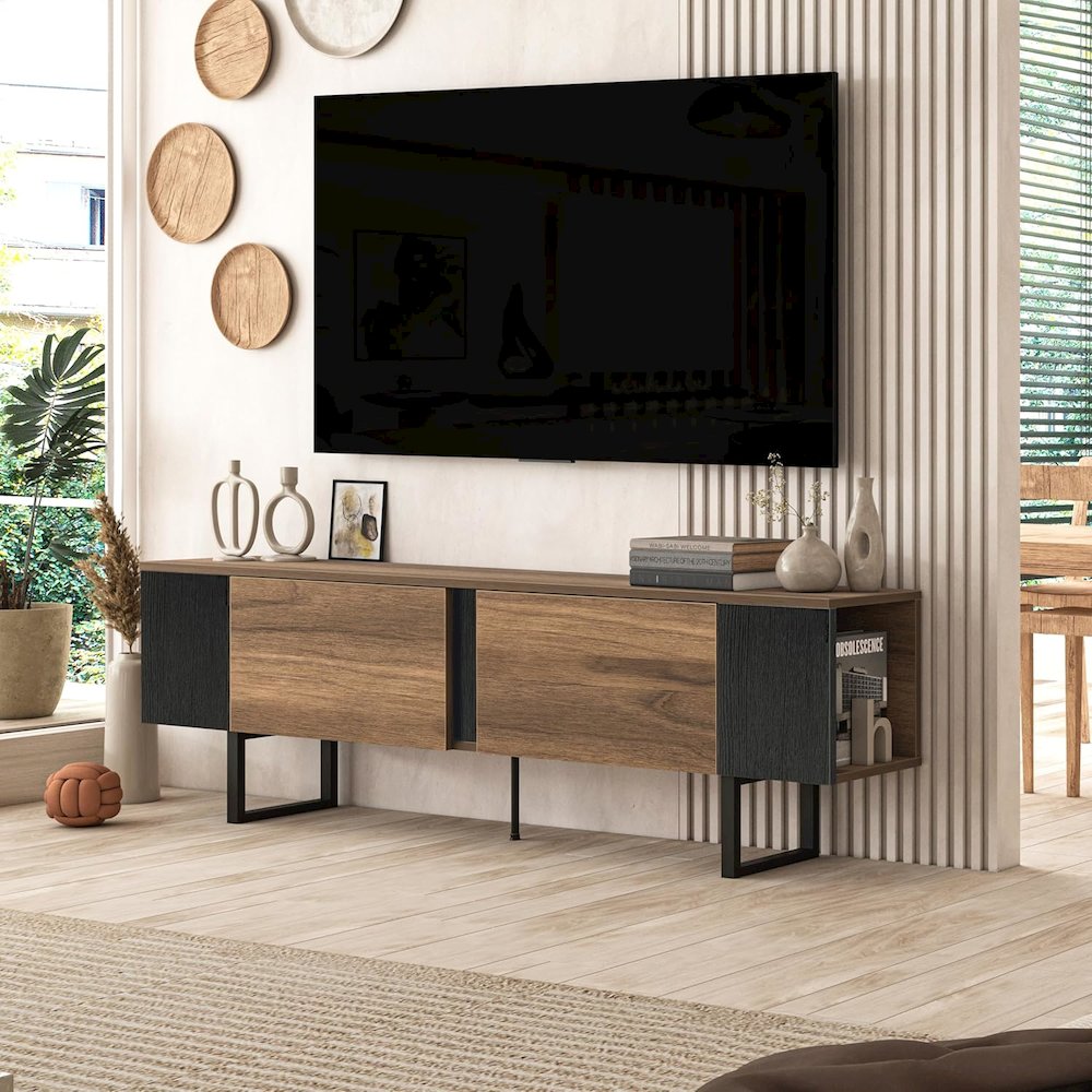 Mid Century Modern TV Stand for 75 Inch TV, Walnut Finish Entertainment Center. Picture 3