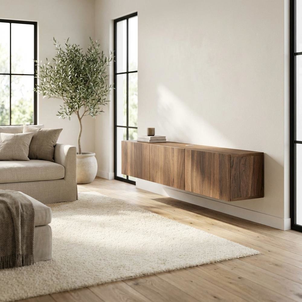 Brown floating TV stand with wall-mount design and modern appeal. Picture 3