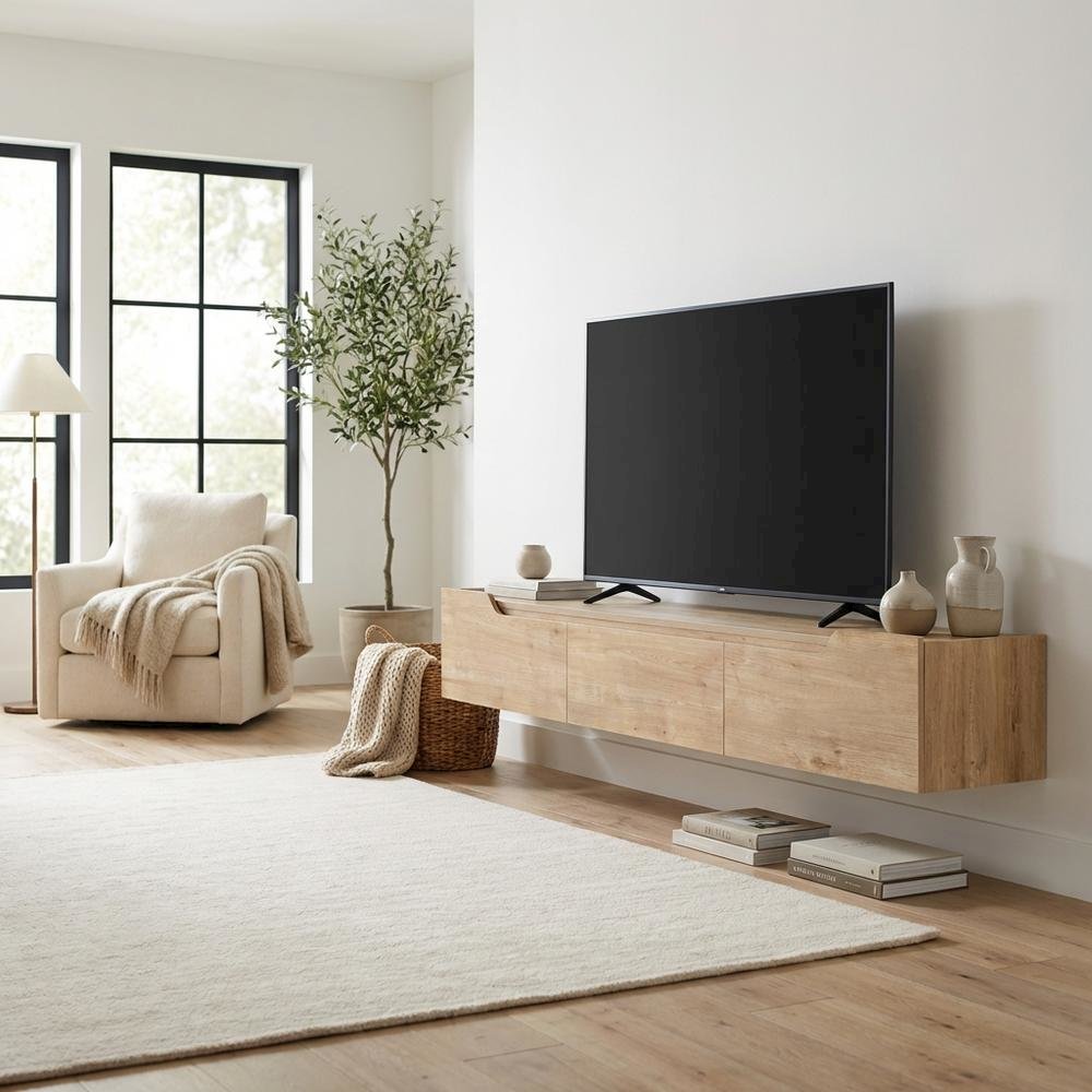 Beige Wall-Mounted TV Stand for Up to 80 Inch Televisions with Engineered Wood. Picture 3