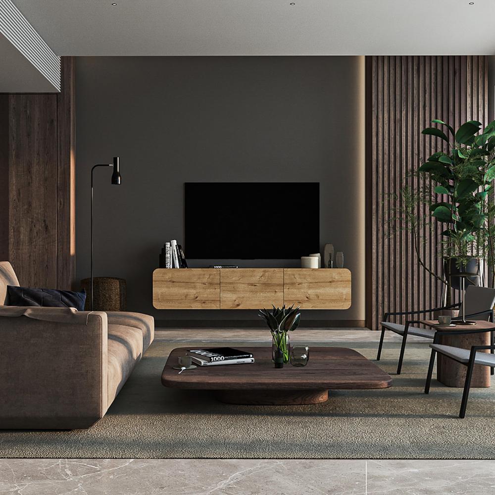 Oval Floating TV Stand Wall Mounted, Walnut. Picture 5