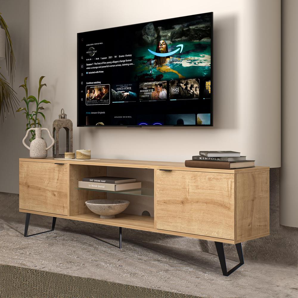 Mid Century Modern Door Glass Shelf TV Stand (Oak). Picture 5