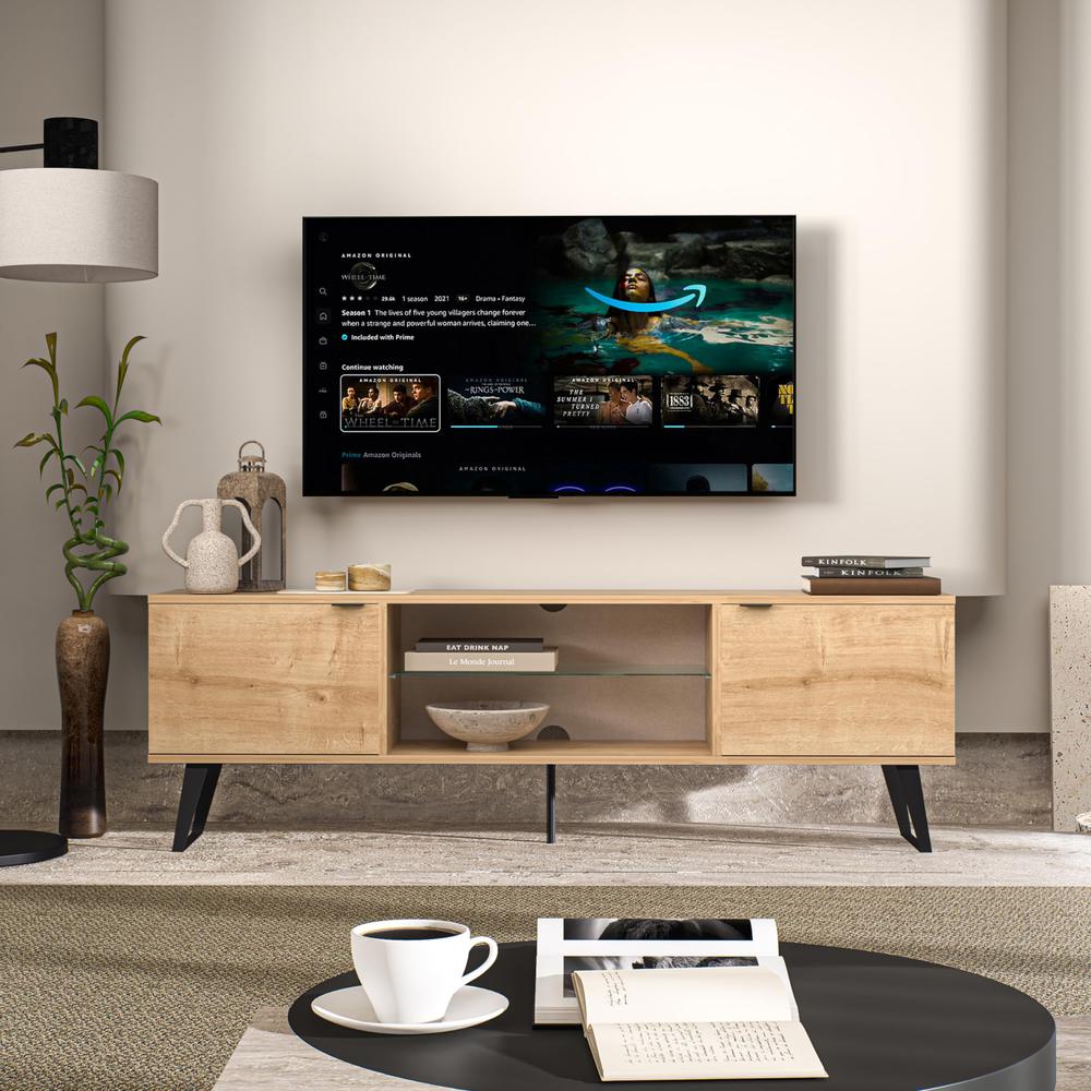 Mid Century Modern Door Glass Shelf TV Stand (Oak). Picture 6