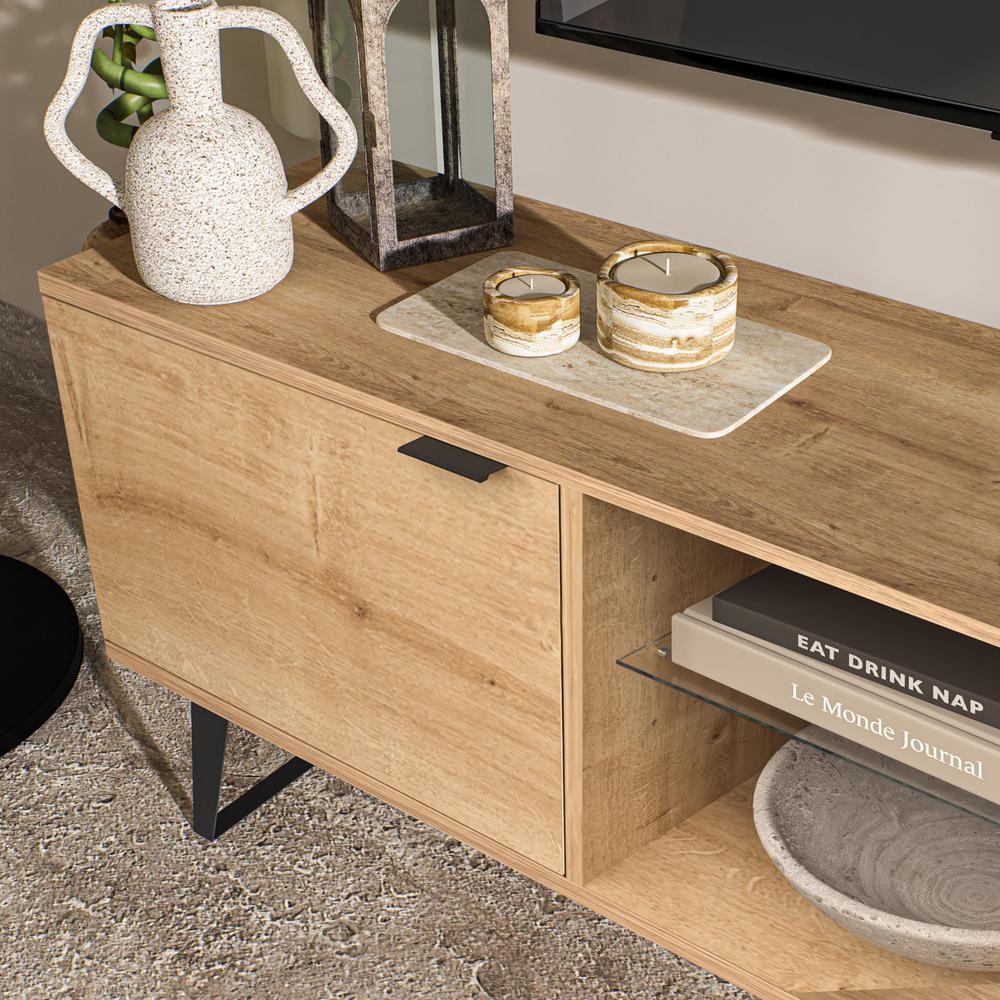 Mid Century Modern Door Glass Shelf TV Stand (Oak). Picture 7