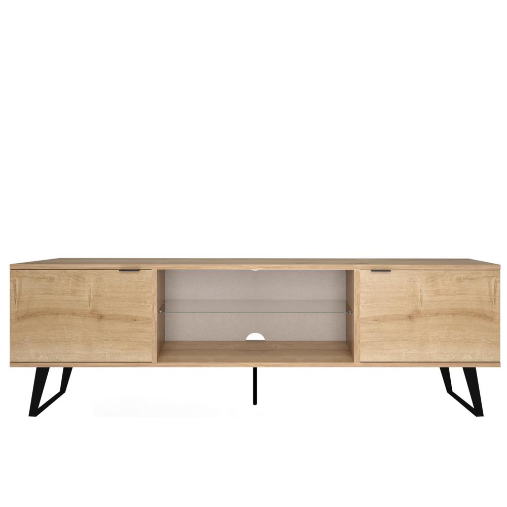 Mid Century Modern Door Glass Shelf TV Stand (Oak). Picture 2