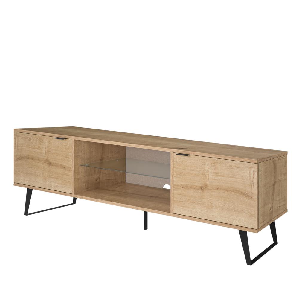 Mid Century Modern Door Glass Shelf TV Stand (Oak). Picture 1