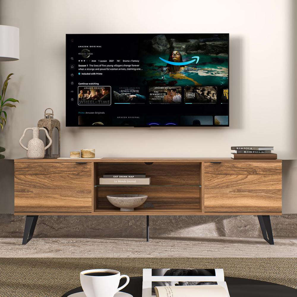 Mid Century Modern Door Glass Shelf TV Stand, Walnut. Picture 6