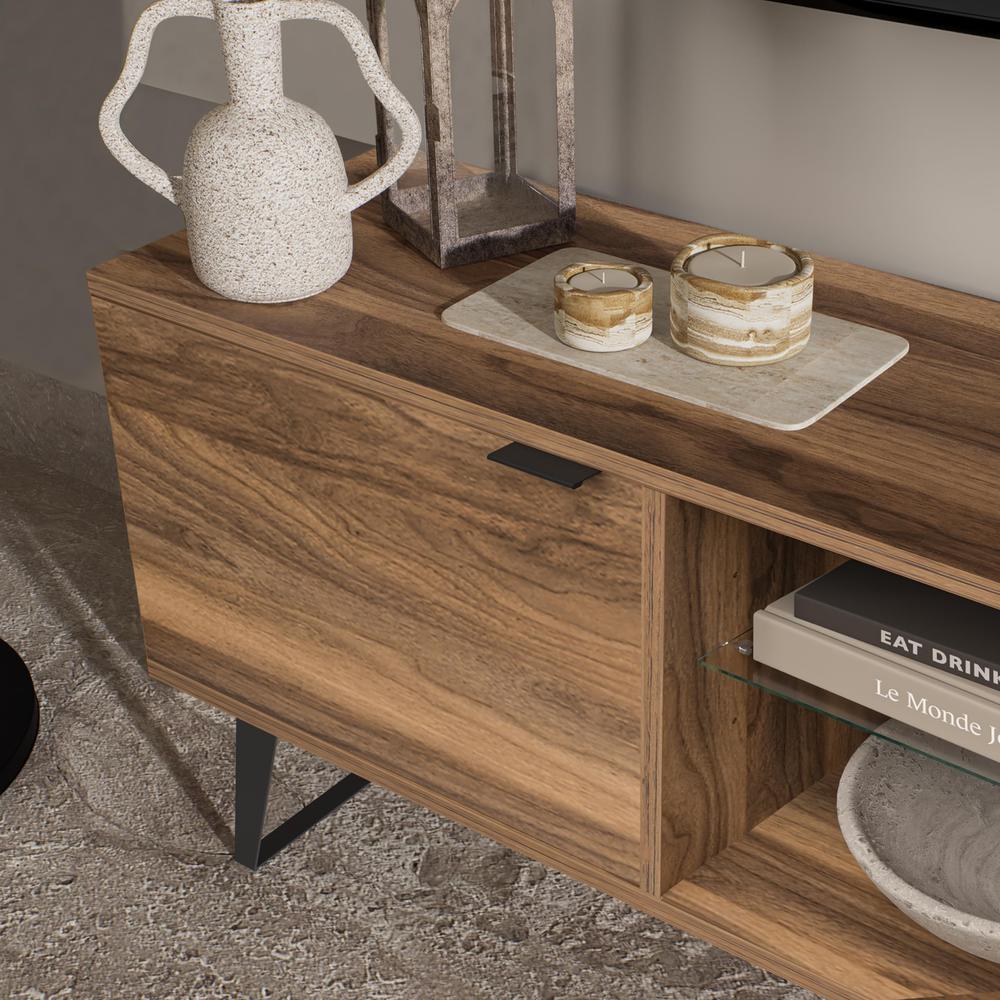 Mid Century Modern Door Glass Shelf TV Stand, Walnut. Picture 7