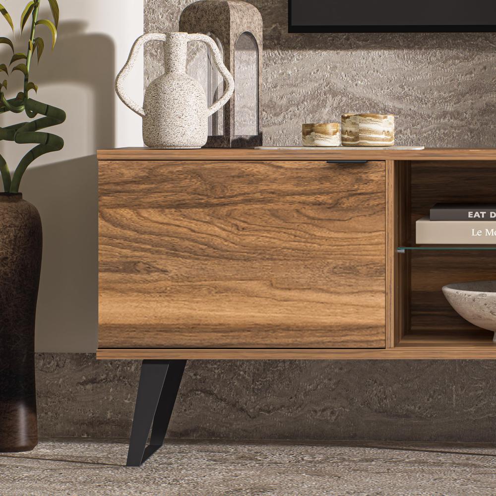 Mid Century Modern Door Glass Shelf TV Stand, Walnut. Picture 8