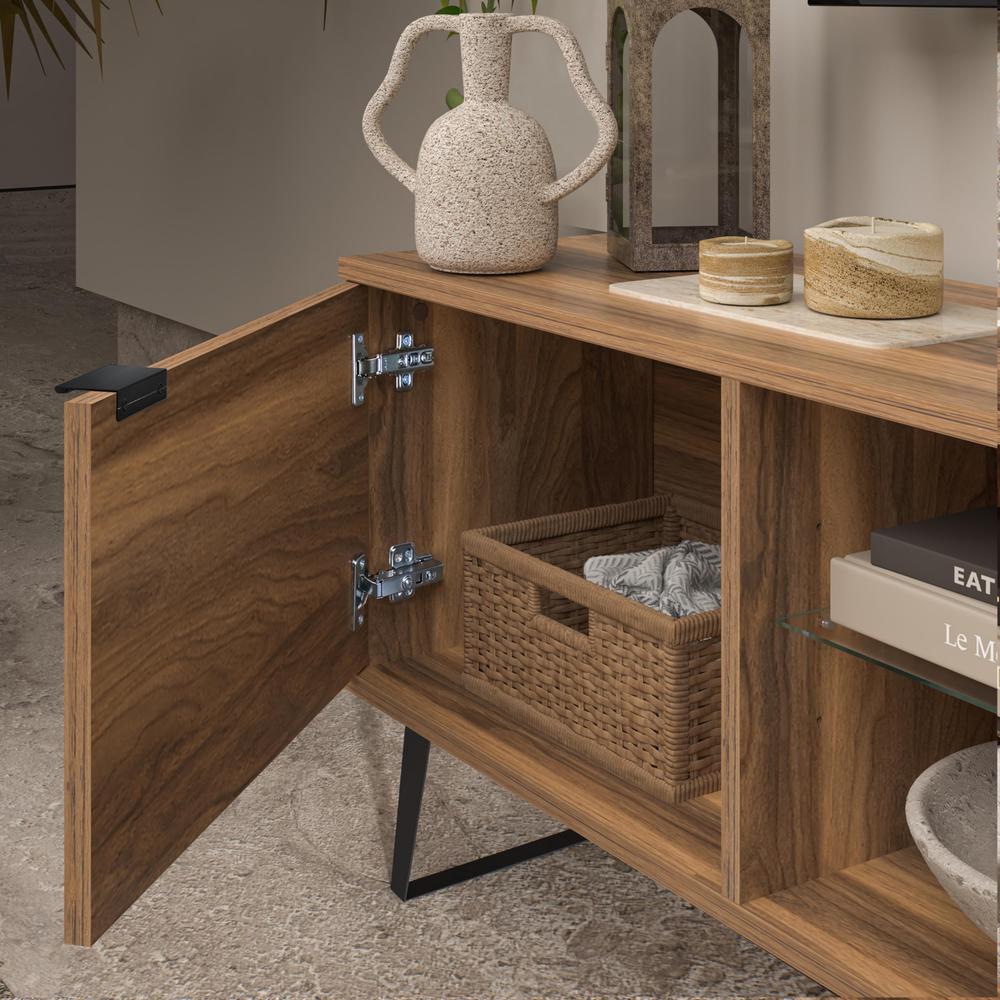 Mid Century Modern Door Glass Shelf TV Stand, Walnut. Picture 9