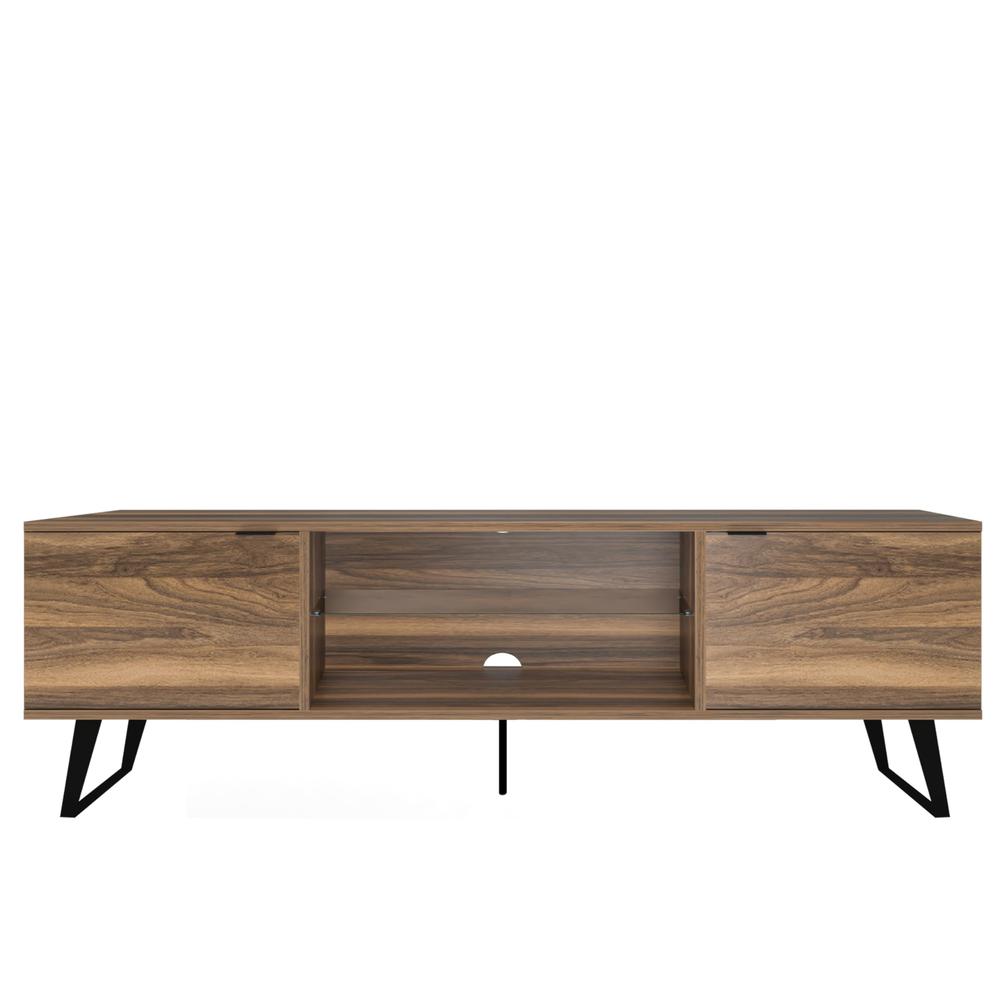 Mid Century Modern Door Glass Shelf TV Stand, Walnut. Picture 2