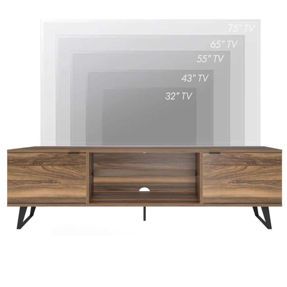 Mid Century Modern Door Glass Shelf TV Stand, Walnut. Picture 3