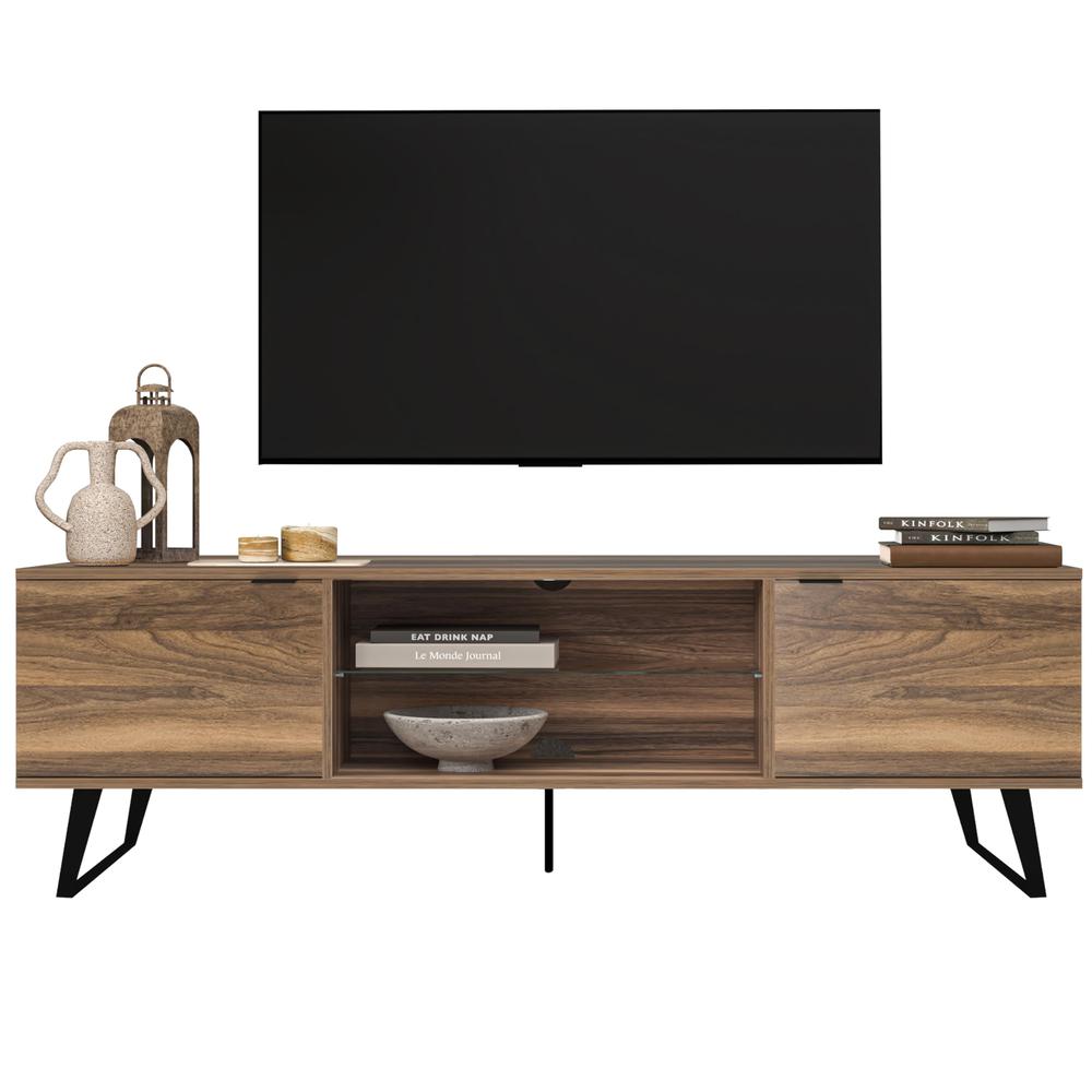 Mid Century Modern Door Glass Shelf TV Stand, Walnut. Picture 4