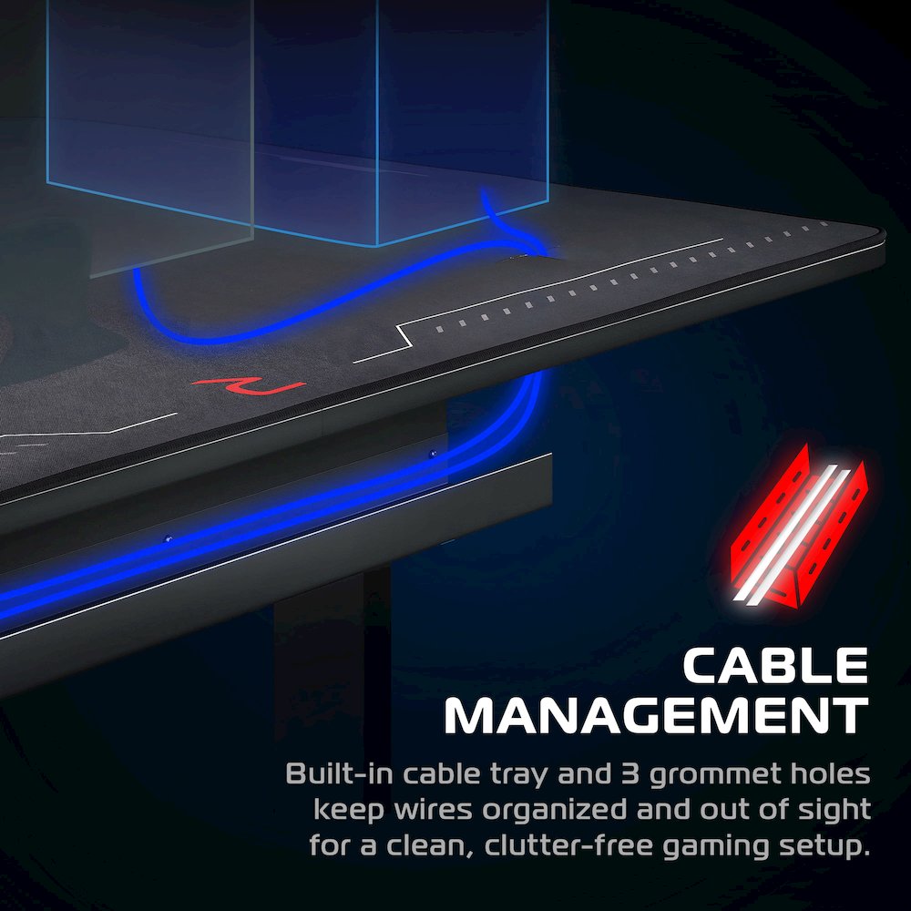 Gaming Desk with Cable Management - 63 Inch Full Computer Desk Mouse Pad- Black. Picture 4