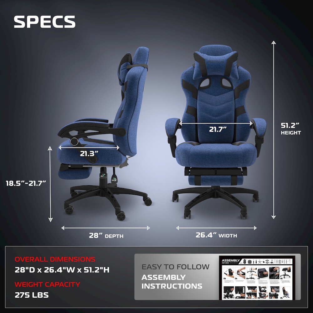 110 Pro Ergonomic Office/Gaming  Chair, Lumbar Support, Headrest, Blue Fabric. Picture 2