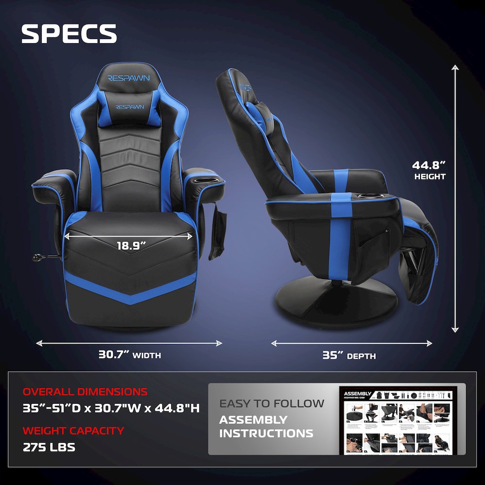 Reclining Gaming Chair with Footrest, Gaming Chair Recliner - Blue. Picture 2