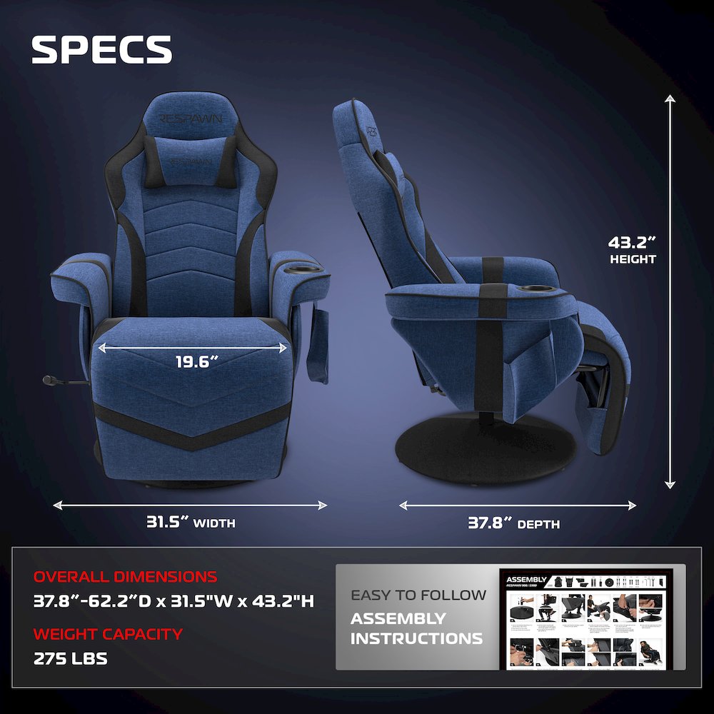 900 Console Gaming Recliner with Footrest and Lumbar Support, Blue Fabric. Picture 2