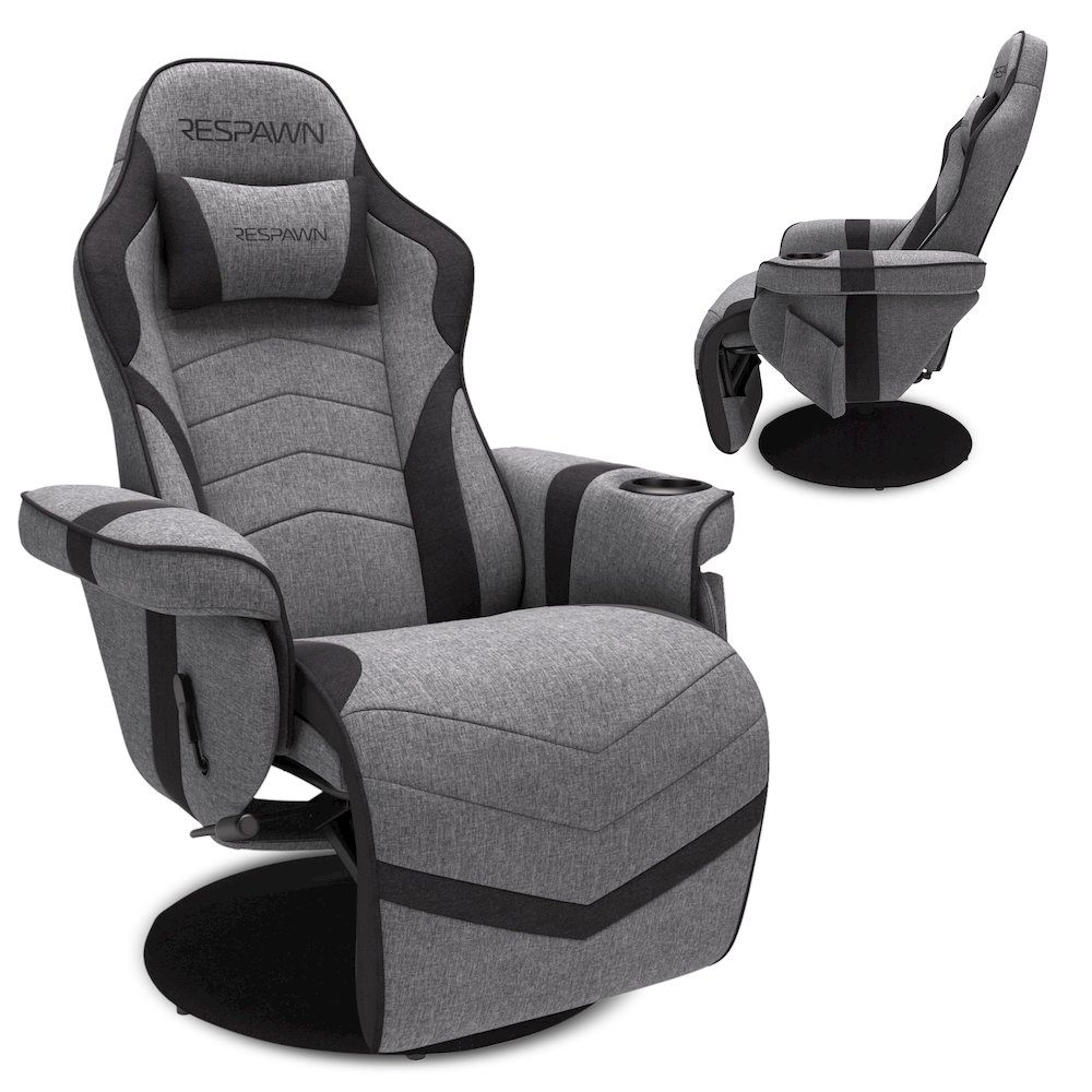 Reclining Gaming Chair with Footrest - Gray Fabric. Picture 1