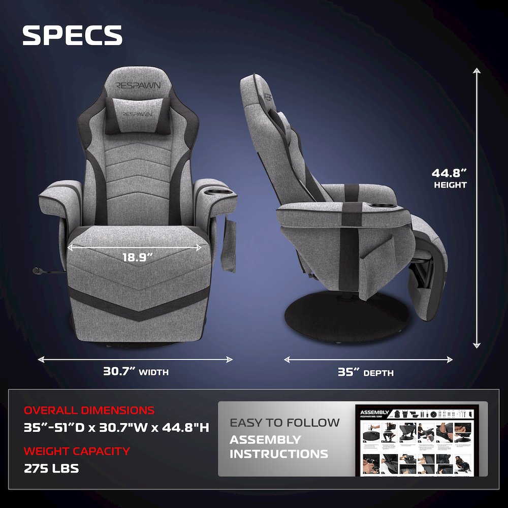 Reclining Gaming Chair with Footrest - Gray Fabric. Picture 2