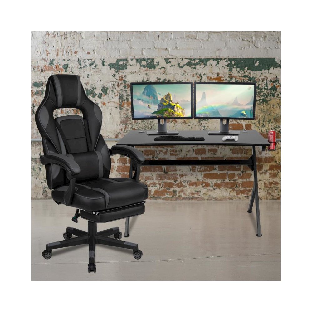 Black Gaming Desk with Cup Holder/Headphone Hook/2 Wire Management Holes & Black Reclining Back/Arms Gaming Chair with Footrest. Picture 2