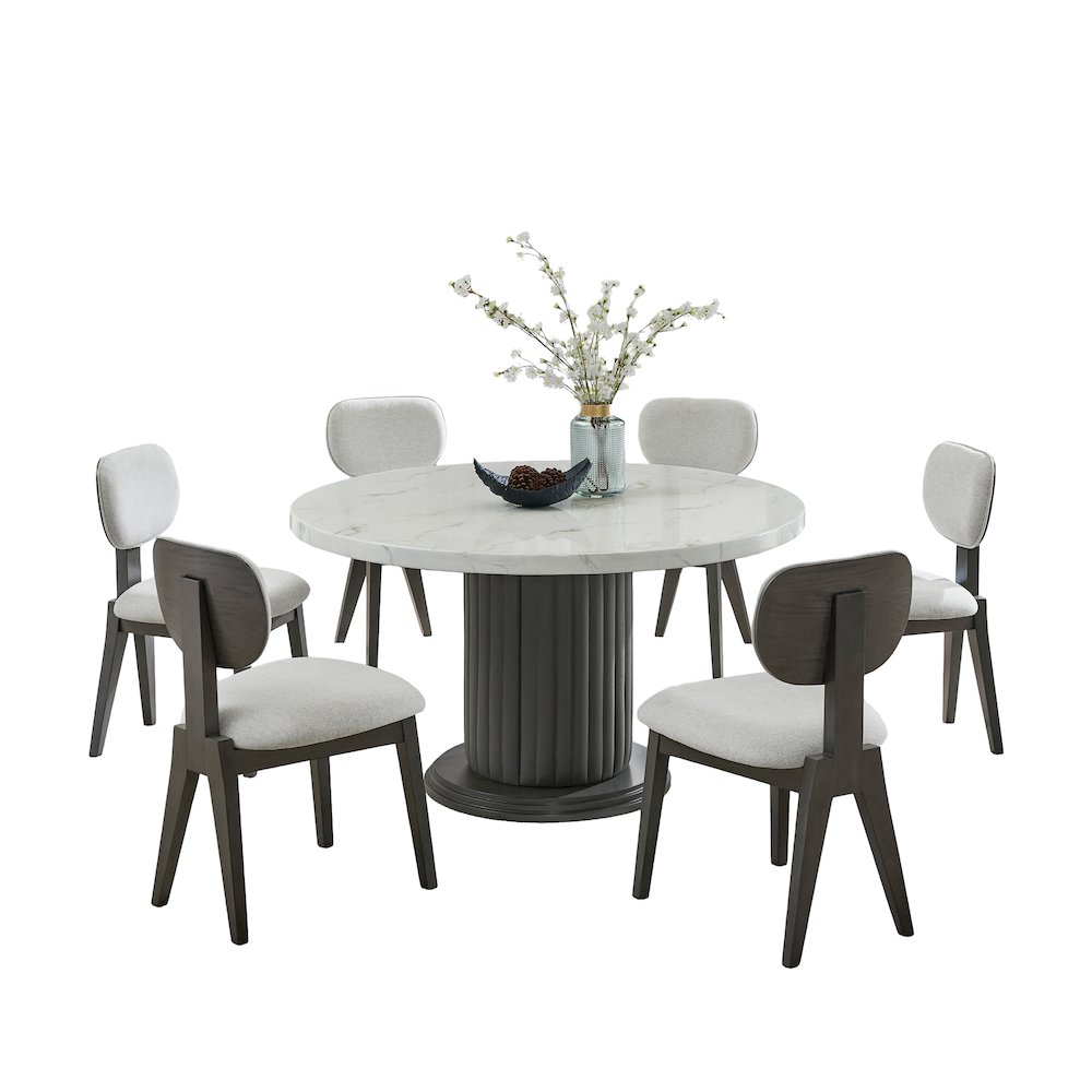 Valencia 7-Piece 54" Round White Faux Marble Dining Set. Picture 1