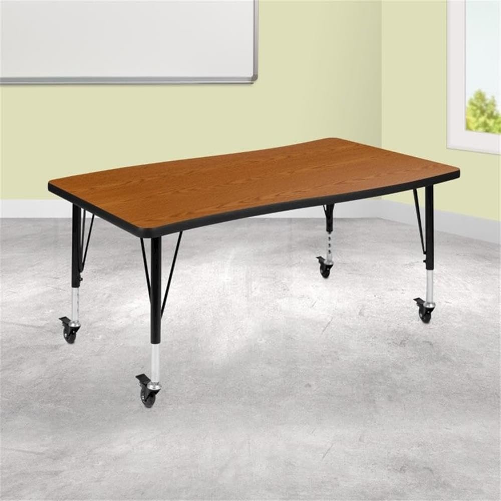 Mobile 28"W x 47.5"L Rectangular Wave Flexible Collaborative Oak Thermal Laminate Activity Table - Height Adjustable Short Legs. Picture 2